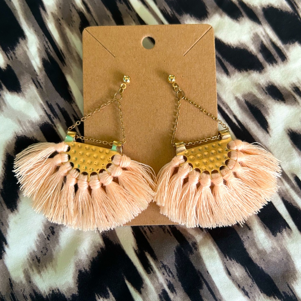 Tassel Fan shaped Hand Hammered Gold Chain Boho Party Dangle Drop Earrings